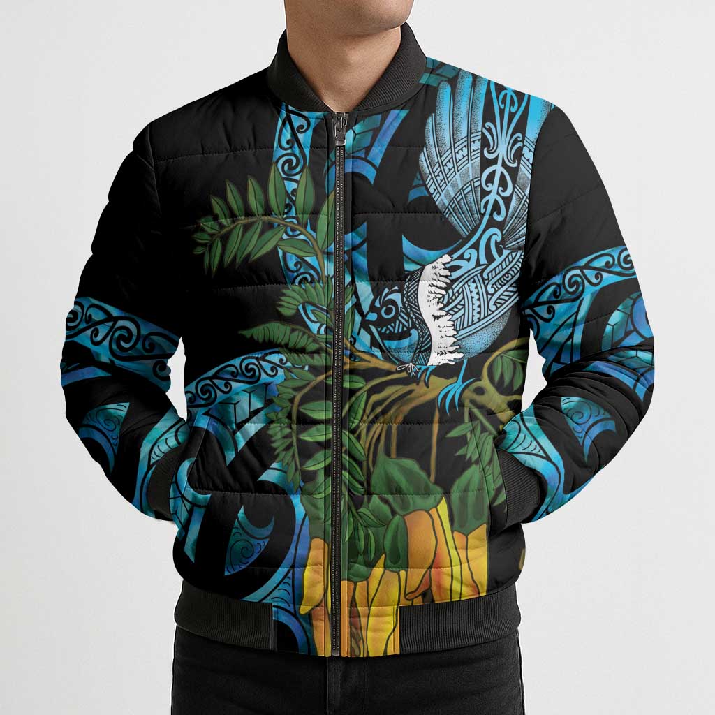 Turquoise New Zealand Kowhai And Piwakawaka Bomber Puffer Jacket Maori Ngaru Paua Shell - Aussie Hoodie