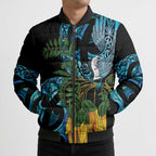 Turquoise New Zealand Kowhai And Piwakawaka Bomber Puffer Jacket Maori Ngaru Paua Shell - Aussie Hoodie