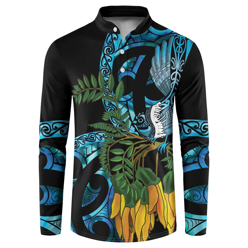 Turquoise New Zealand Kowhai And Piwakawaka Button Sweatshirt Maori Ngaru Paua Shell