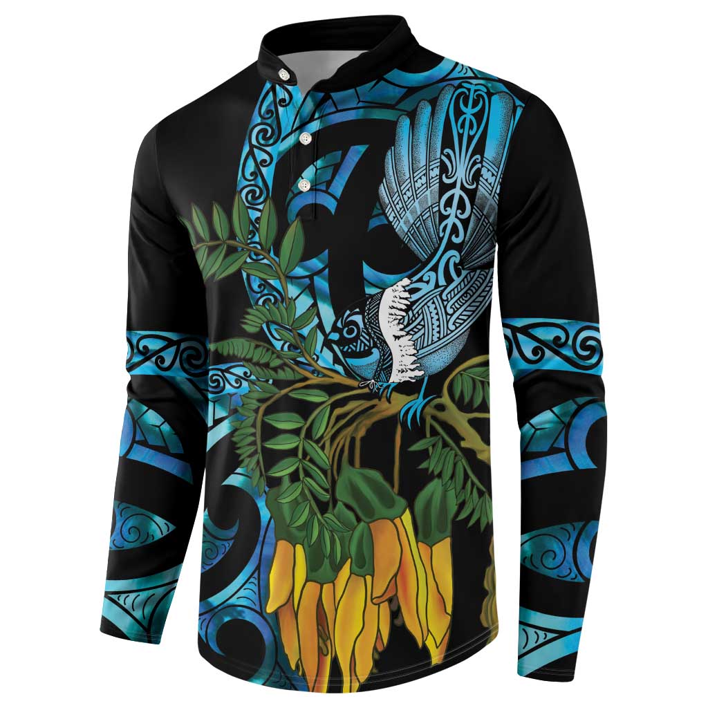 Turquoise New Zealand Kowhai And Piwakawaka Button Sweatshirt Maori Ngaru Paua Shell