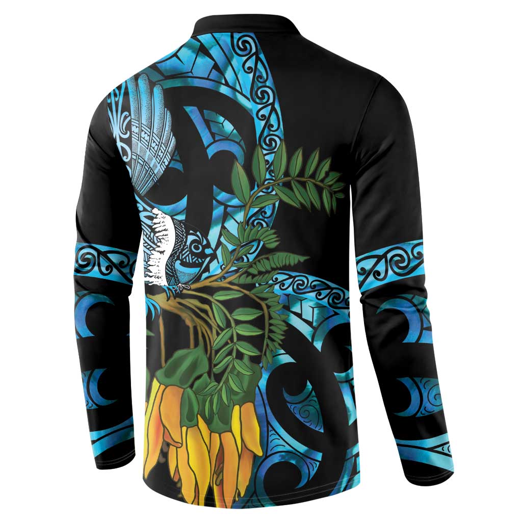 Turquoise New Zealand Kowhai And Piwakawaka Button Sweatshirt Maori Ngaru Paua Shell