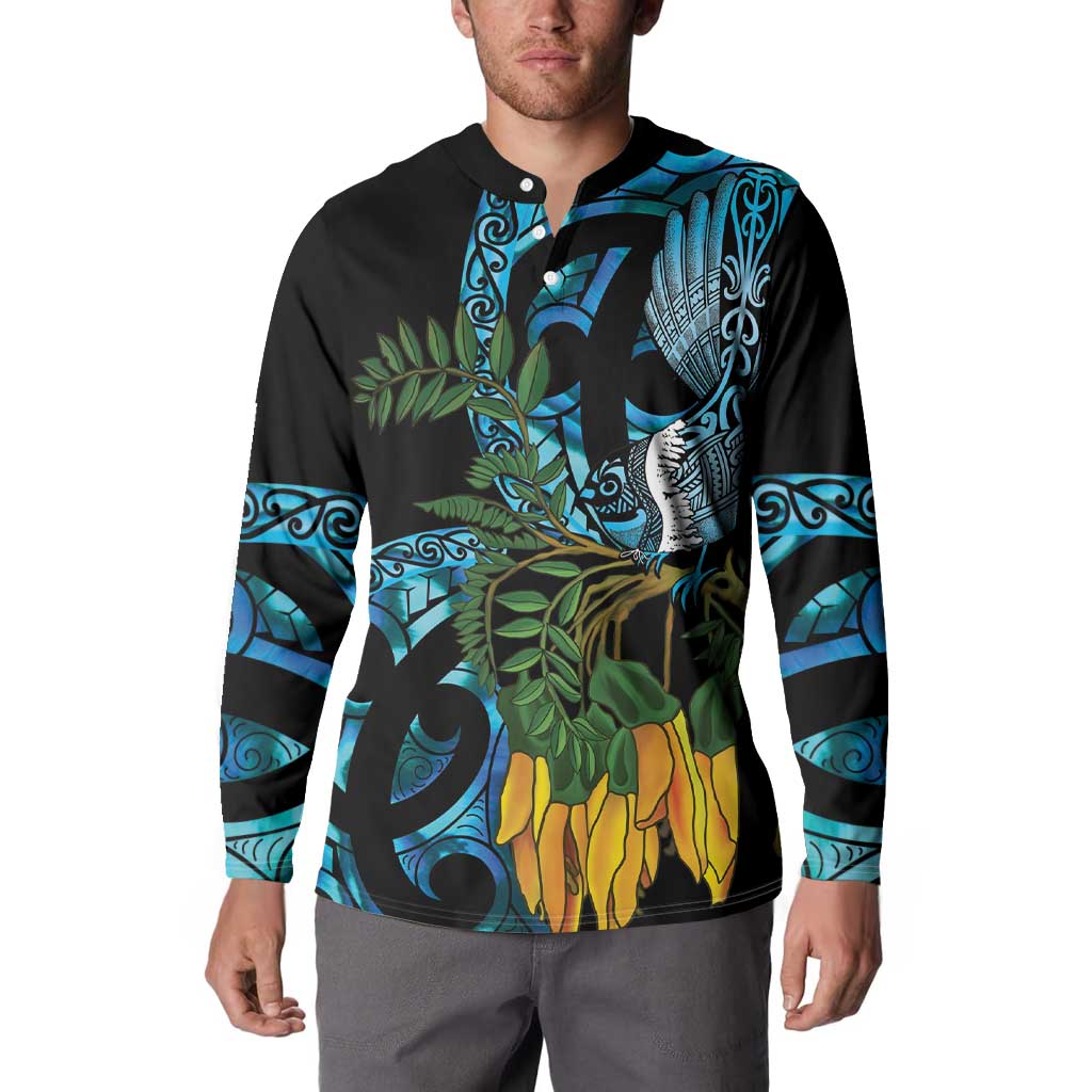 Turquoise New Zealand Kowhai And Piwakawaka Button Sweatshirt Maori Ngaru Paua Shell