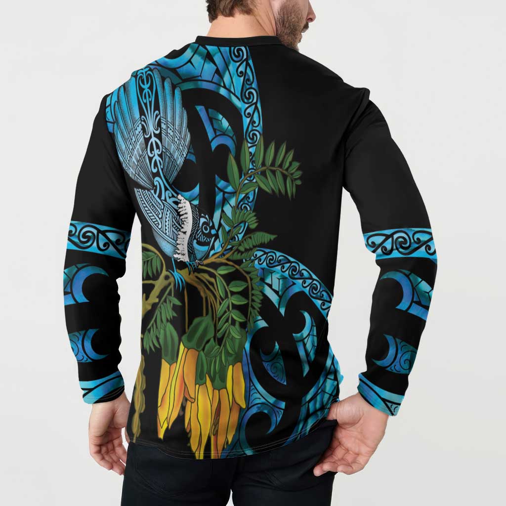 Turquoise New Zealand Kowhai And Piwakawaka Button Sweatshirt Maori Ngaru Paua Shell
