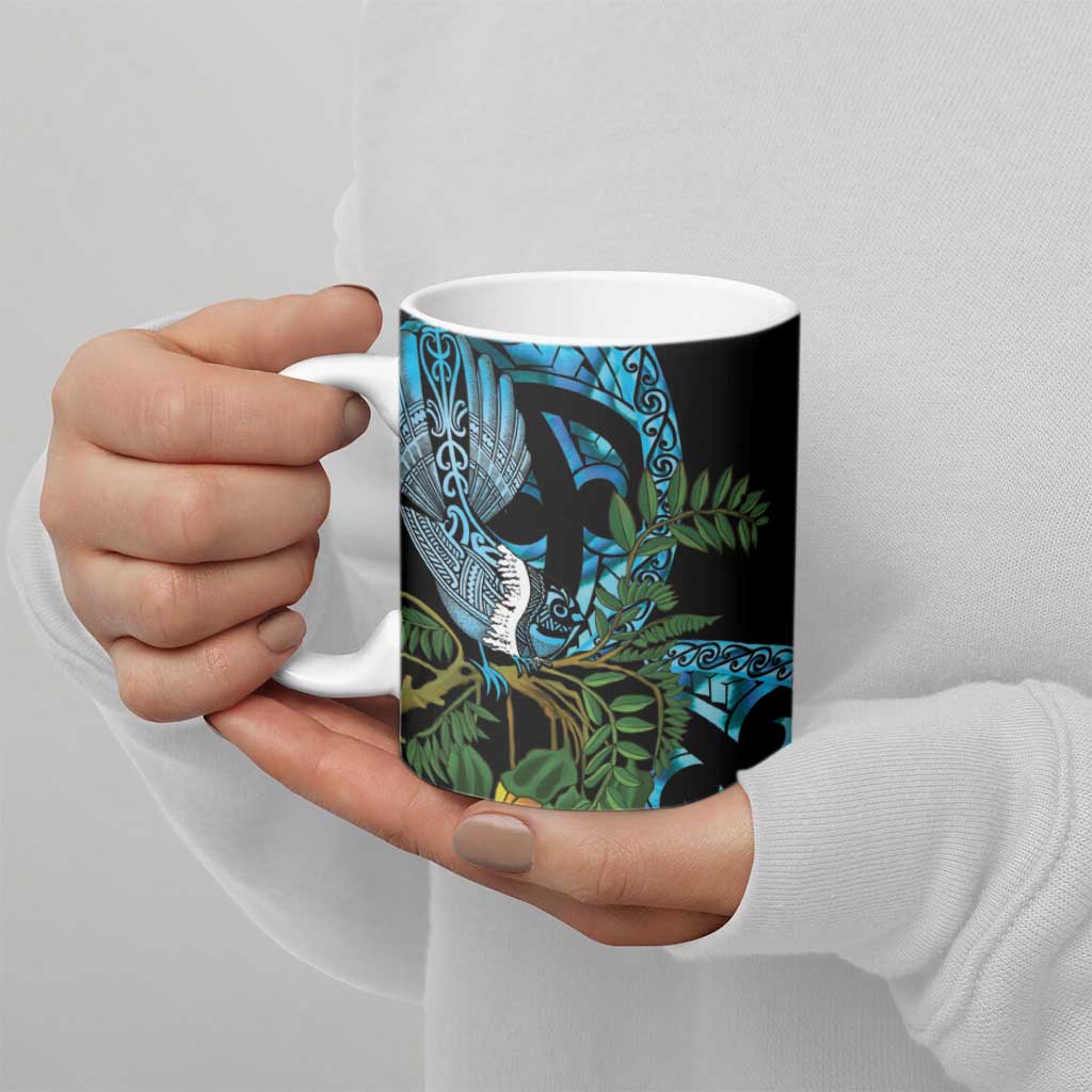 Turquoise New Zealand Kowhai And Piwakawaka Ceramic Mug Maori Ngaru Paua Shell - Aussie Hoodie