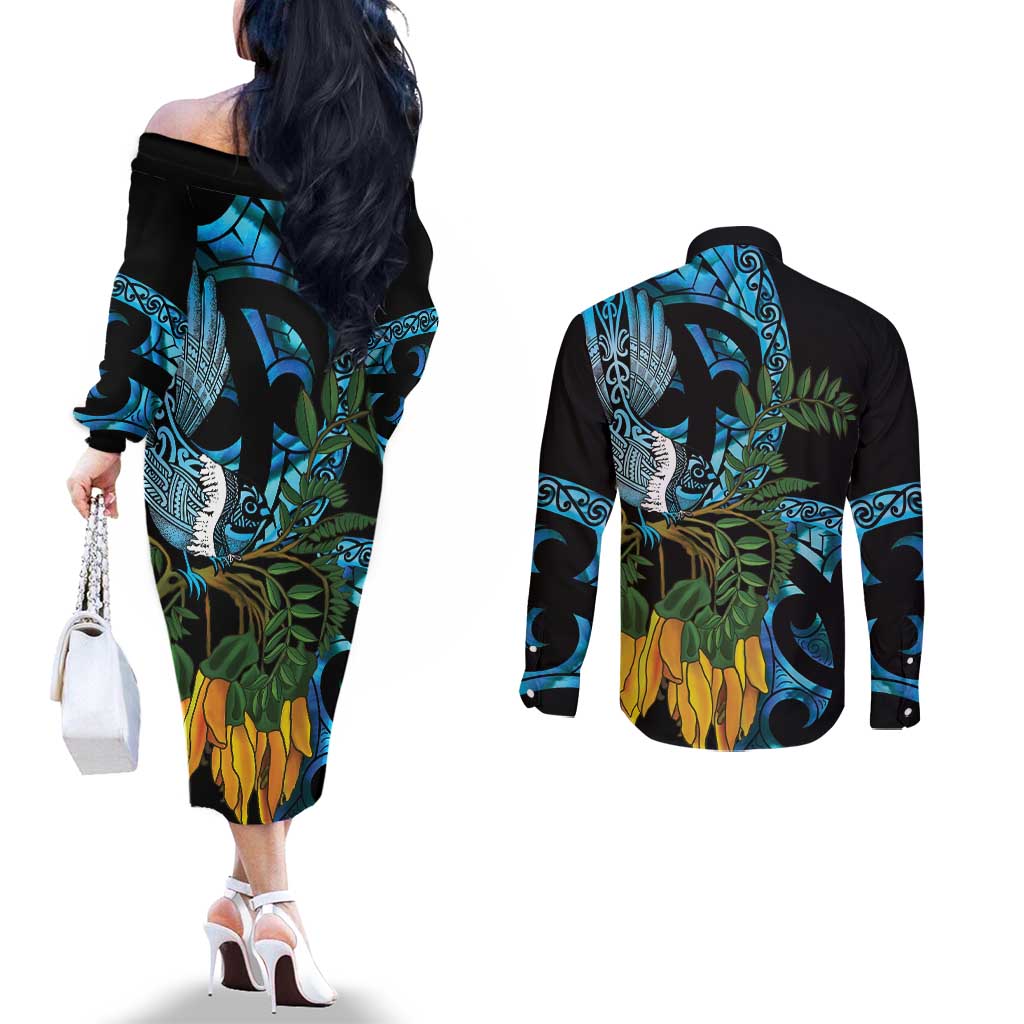 Turquoise New Zealand Kowhai And Piwakawaka Couples Matching Off The Shoulder Long Sleeve Dress and Long Sleeve Button Shirt Maori Ngaru Paua Shell