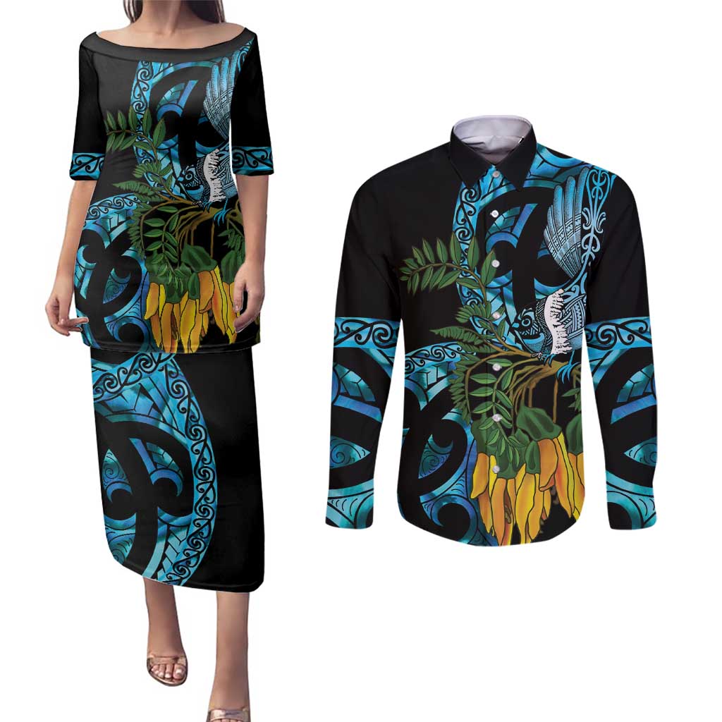 Turquoise New Zealand Kowhai And Piwakawaka Couples Matching Puletasi and Long Sleeve Button Shirt Maori Ngaru Paua Shell