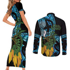 Turquoise New Zealand Kowhai And Piwakawaka Couples Matching Short Sleeve Bodycon Dress and Long Sleeve Button Shirt Maori Ngaru Paua Shell