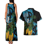 Turquoise New Zealand Kowhai And Piwakawaka Couples Matching Tank Maxi Dress and Hawaiian Shirt Maori Ngaru Paua Shell