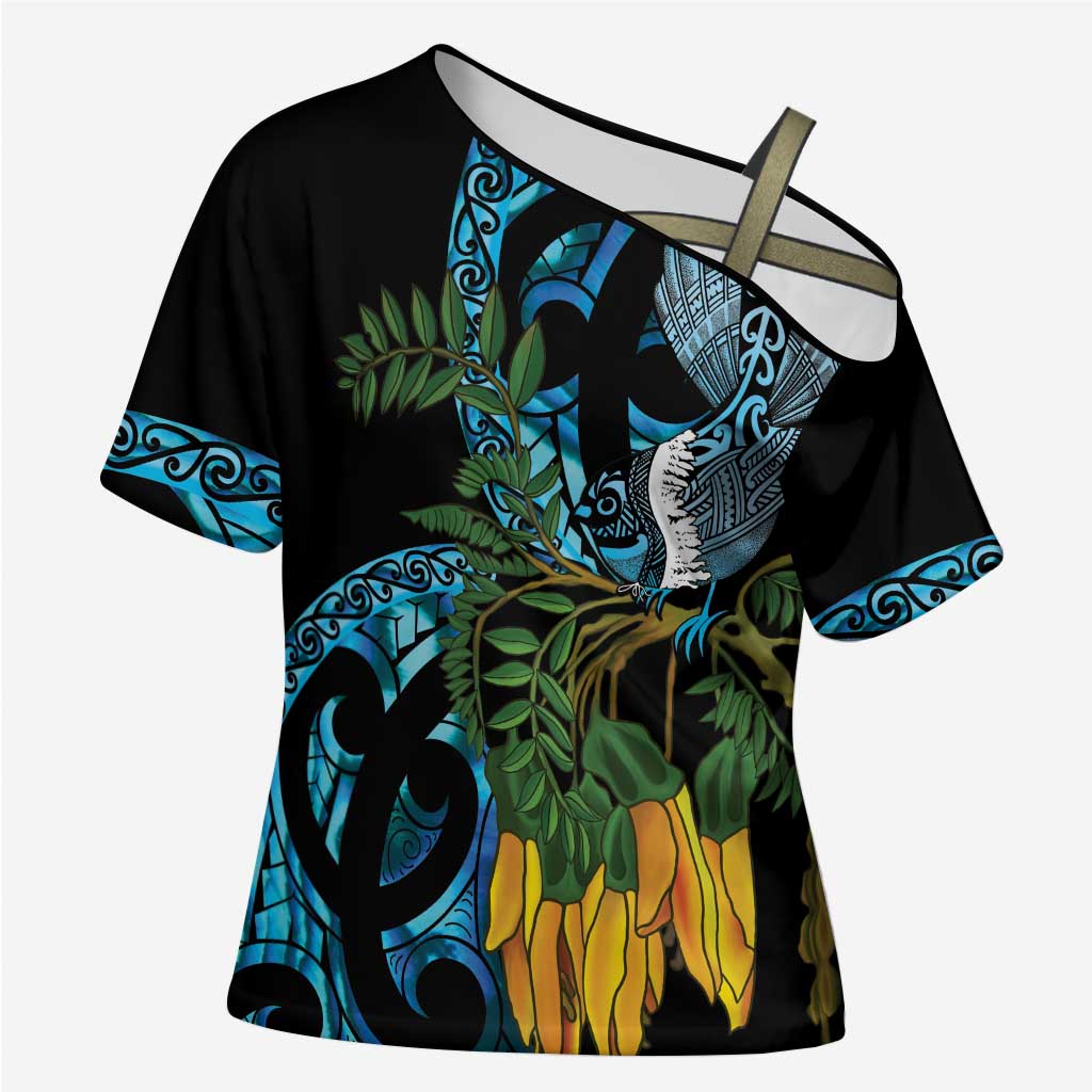 Turquoise New Zealand Kowhai And Piwakawaka Cross Shoulder Shirt Maori Ngaru Paua Shell - Aussie Hoodie