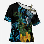 Turquoise New Zealand Kowhai And Piwakawaka Cross Shoulder Shirt Maori Ngaru Paua Shell - Aussie Hoodie