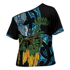 Turquoise New Zealand Kowhai And Piwakawaka Cross Shoulder Shirt Maori Ngaru Paua Shell - Aussie Hoodie