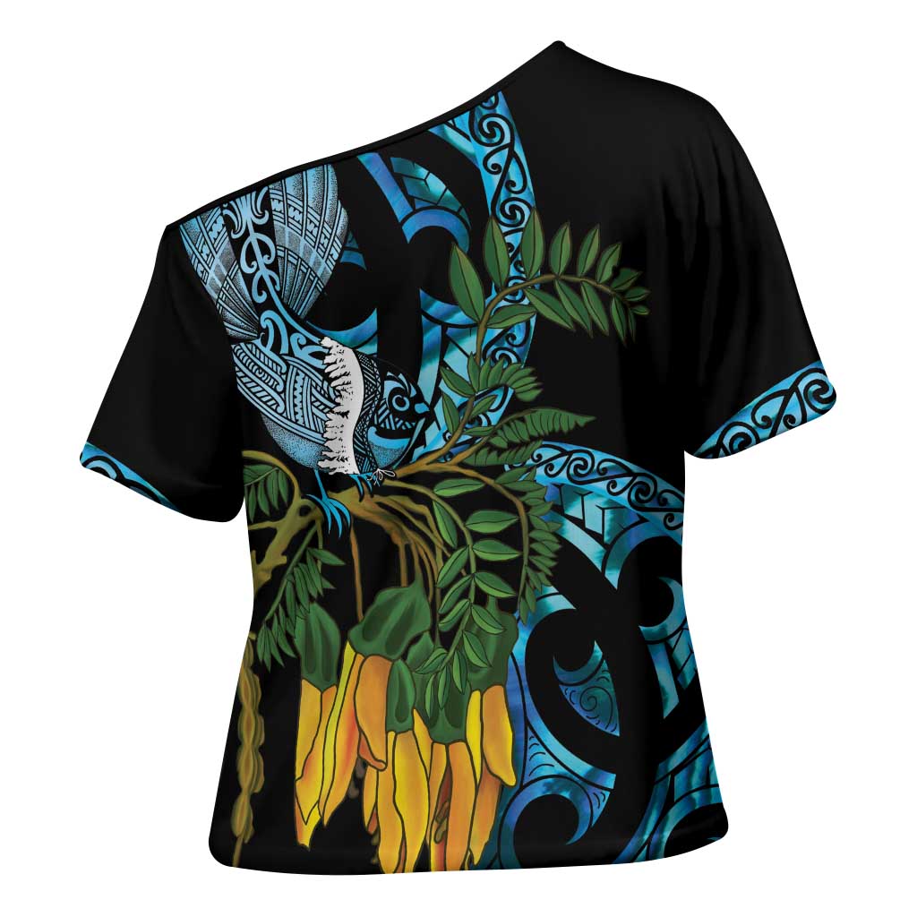 Turquoise New Zealand Kowhai And Piwakawaka Cross Shoulder Shirt Maori Ngaru Paua Shell - Aussie Hoodie