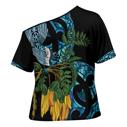 Turquoise New Zealand Kowhai And Piwakawaka Cross Shoulder Shirt Maori Ngaru Paua Shell - Aussie Hoodie