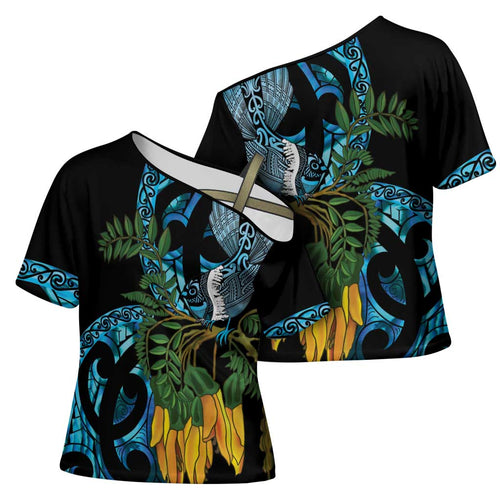 Turquoise New Zealand Kowhai And Piwakawaka Cross Shoulder Shirt Maori Ngaru Paua Shell - Aussie Hoodie