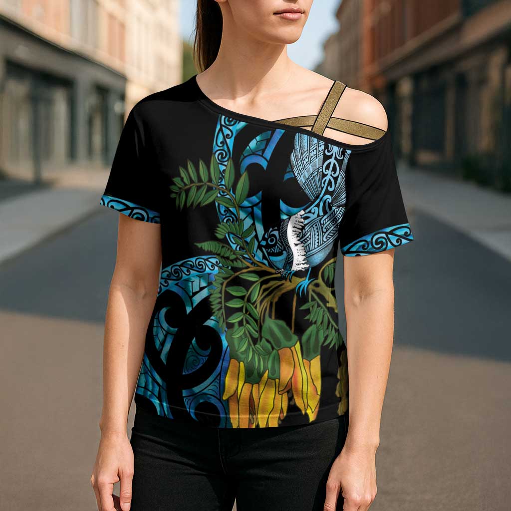 Turquoise New Zealand Kowhai And Piwakawaka Cross Shoulder Shirt Maori Ngaru Paua Shell - Aussie Hoodie