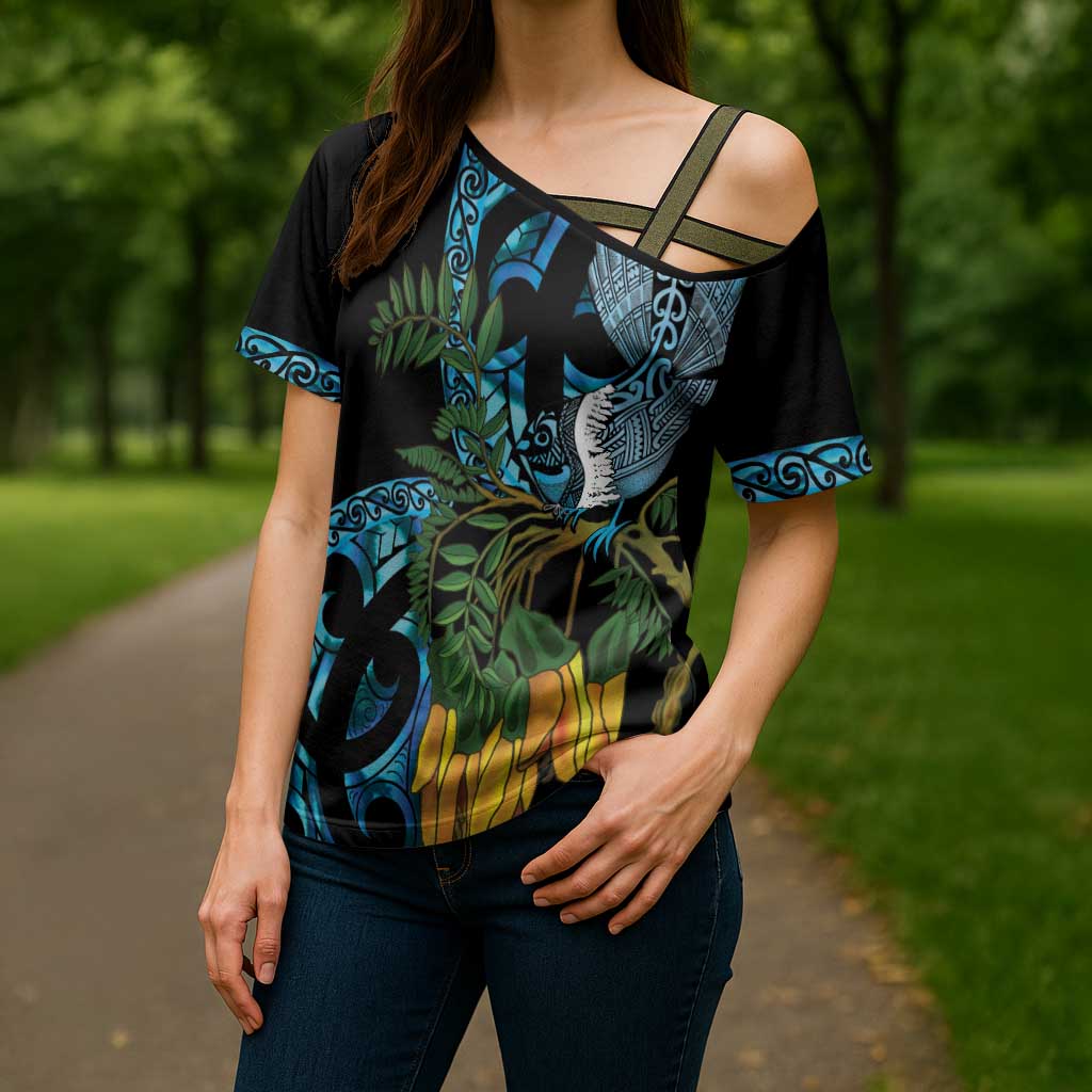 Turquoise New Zealand Kowhai And Piwakawaka Cross Shoulder Shirt Maori Ngaru Paua Shell - Aussie Hoodie