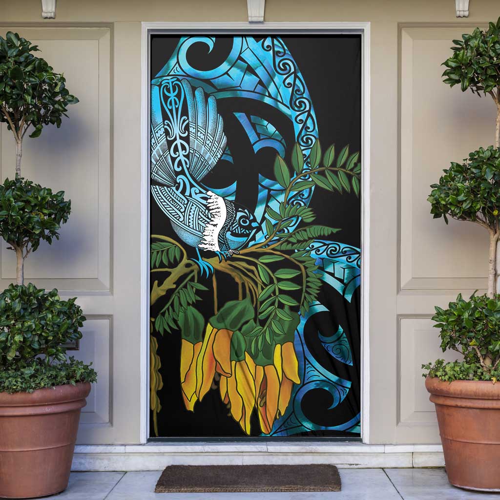 Turquoise New Zealand Kowhai And Piwakawaka Door Cover Maori Ngaru Paua Shell - Aussie Hoodie