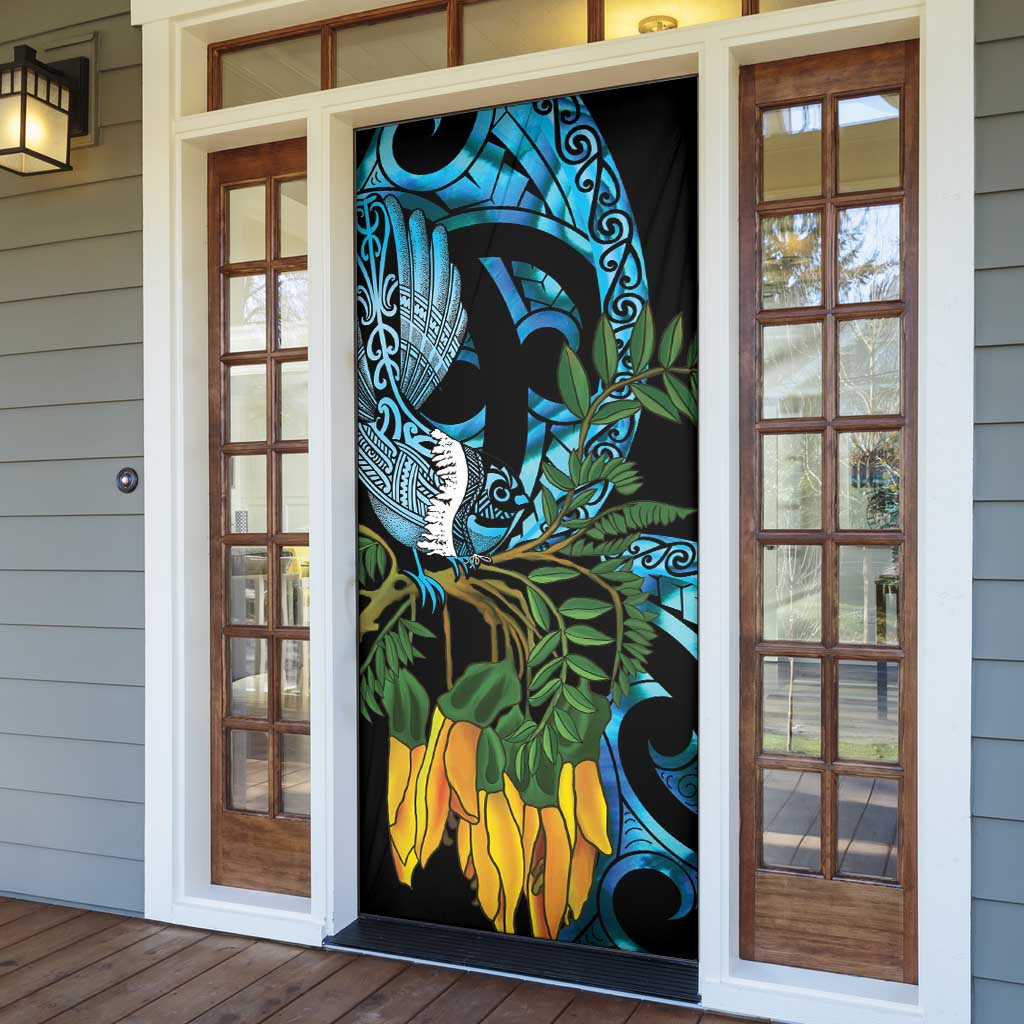 Turquoise New Zealand Kowhai And Piwakawaka Door Cover Maori Ngaru Paua Shell - Aussie Hoodie