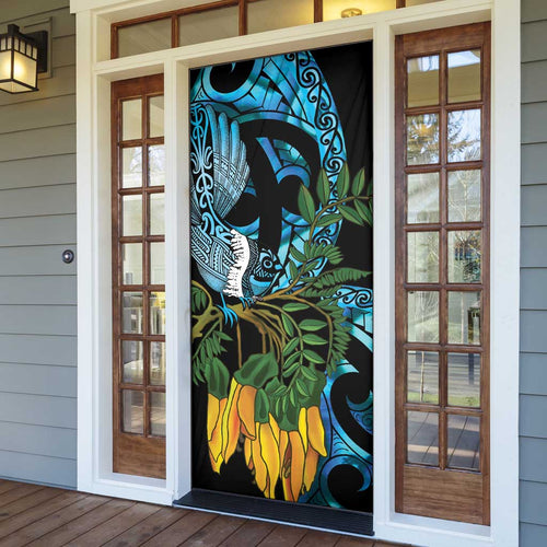 Turquoise New Zealand Kowhai And Piwakawaka Door Cover Maori Ngaru Paua Shell - Aussie Hoodie