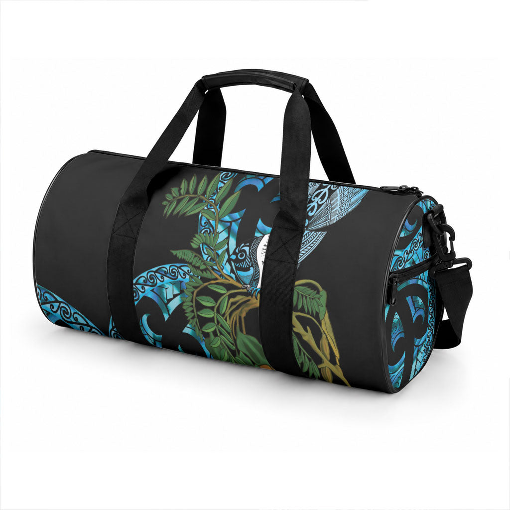 Turquoise New Zealand Kowhai And Piwakawaka Duffle Bag Maori Ngaru Paua Shell