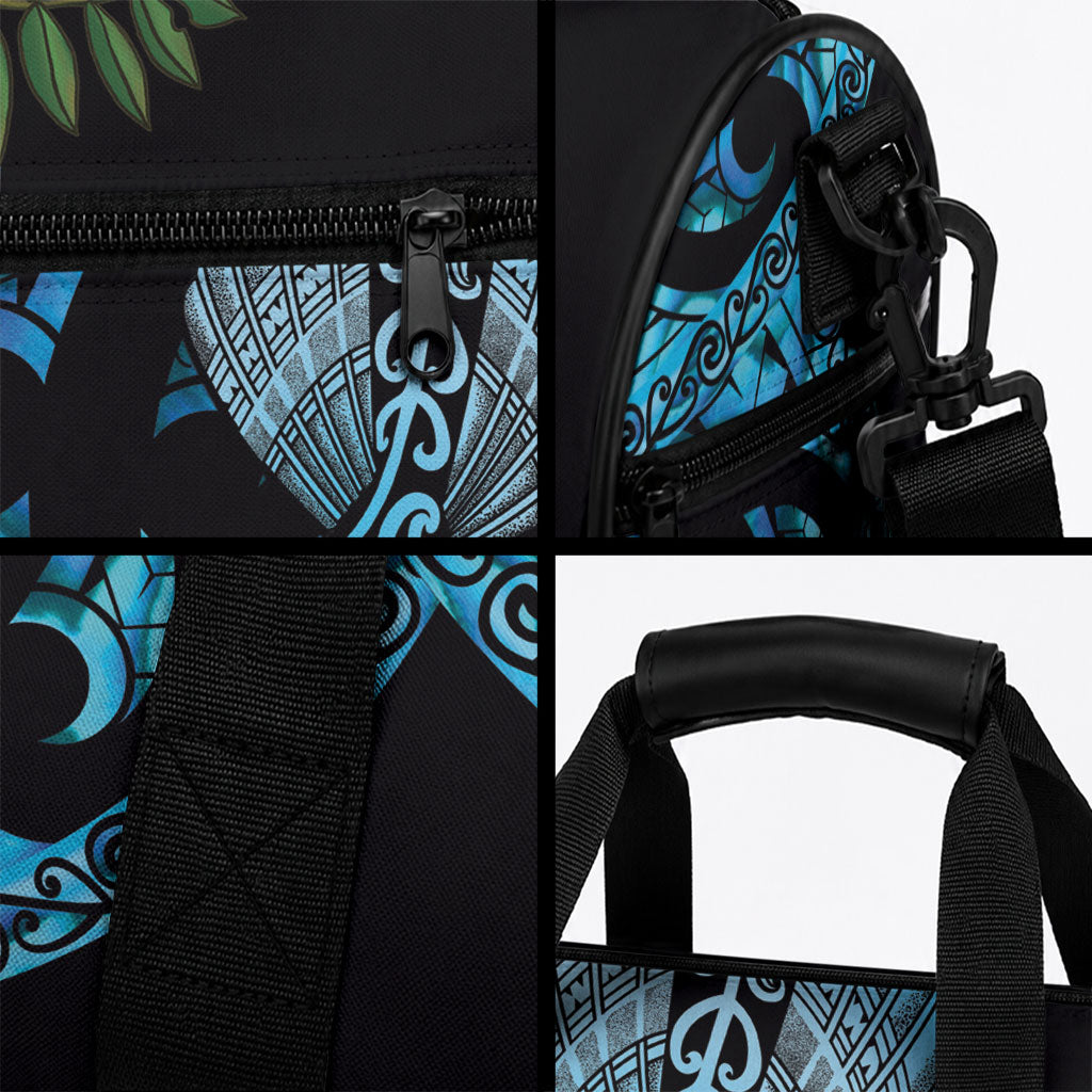 Turquoise New Zealand Kowhai And Piwakawaka Duffle Bag Maori Ngaru Paua Shell