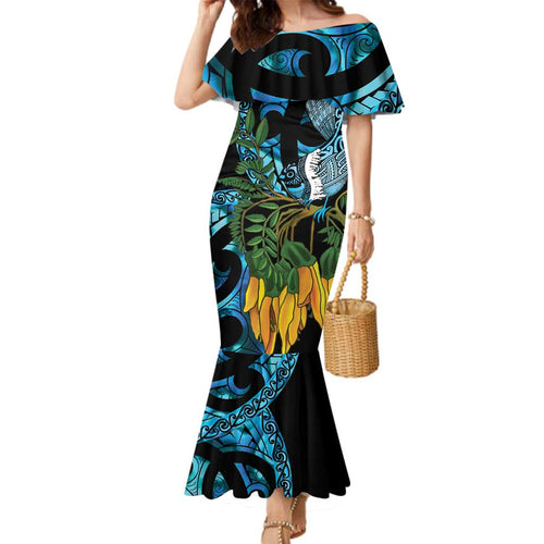 Turquoise New Zealand Kowhai And Piwakawaka Family Matching Mermaid Dress and Hawaiian Shirt Maori Ngaru Paua Shell