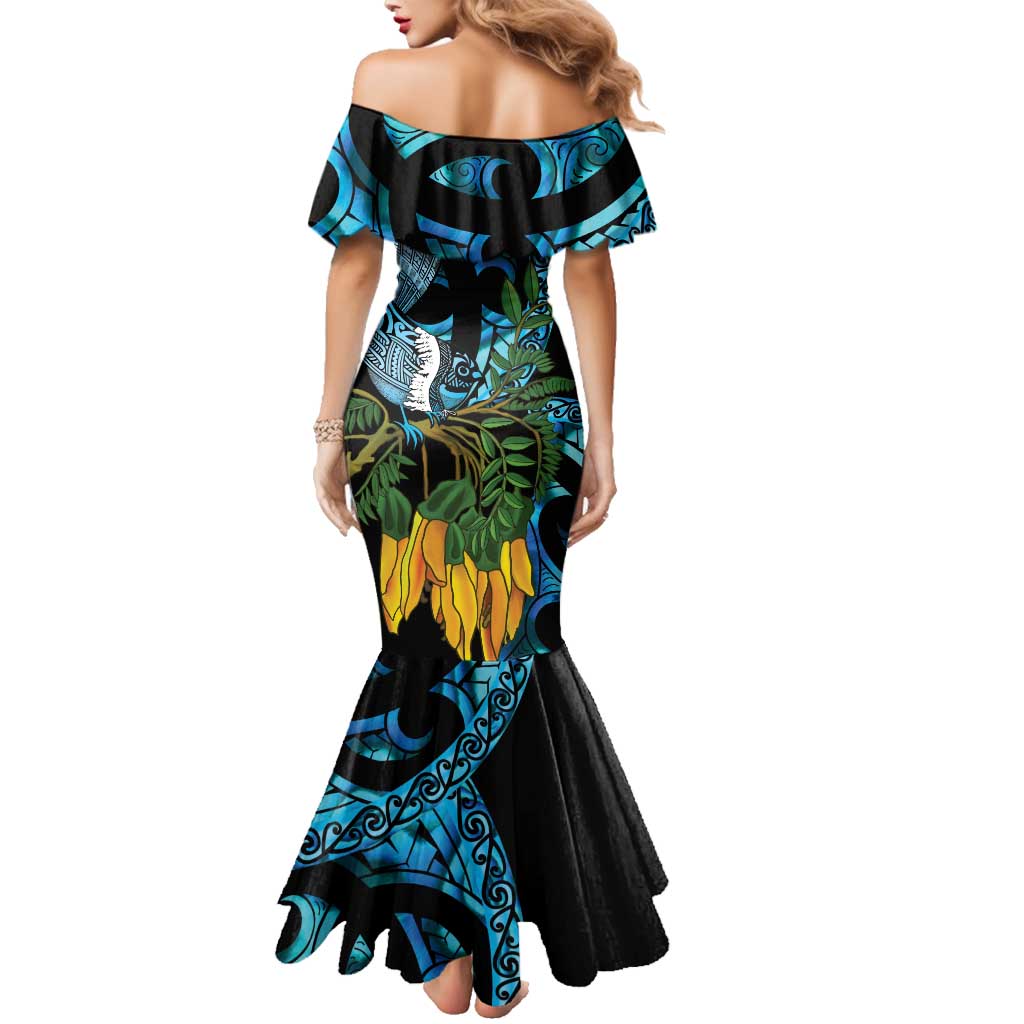 Turquoise New Zealand Kowhai And Piwakawaka Family Matching Mermaid Dress and Hawaiian Shirt Maori Ngaru Paua Shell