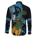 Turquoise New Zealand Kowhai And Piwakawaka Family Matching Off Shoulder Short Dress and Hawaiian Shirt Maori Ngaru Paua Shell