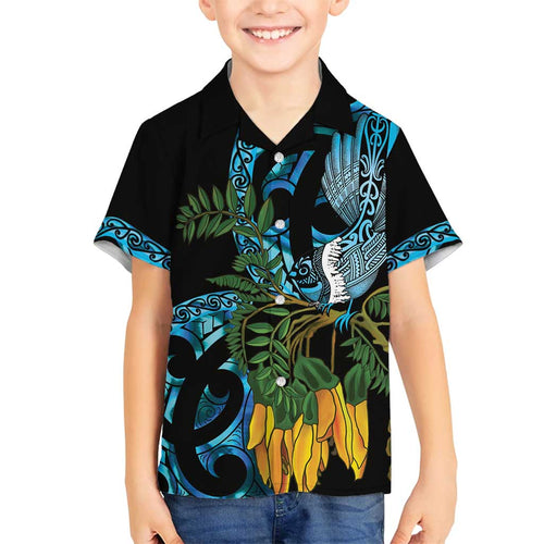 Turquoise New Zealand Kowhai And Piwakawaka Family Matching Off Shoulder Short Dress and Hawaiian Shirt Maori Ngaru Paua Shell