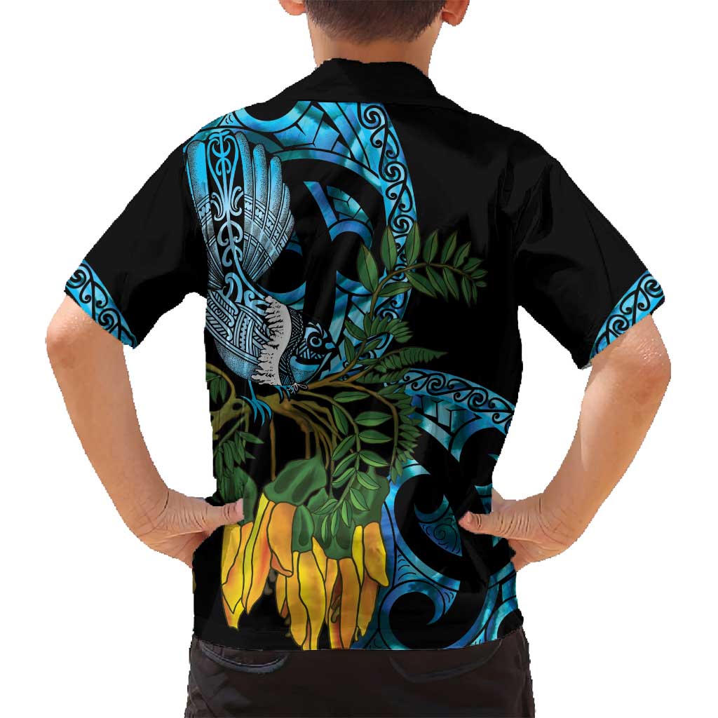 Turquoise New Zealand Kowhai And Piwakawaka Family Matching Puletasi and Hawaiian Shirt Maori Ngaru Paua Shell