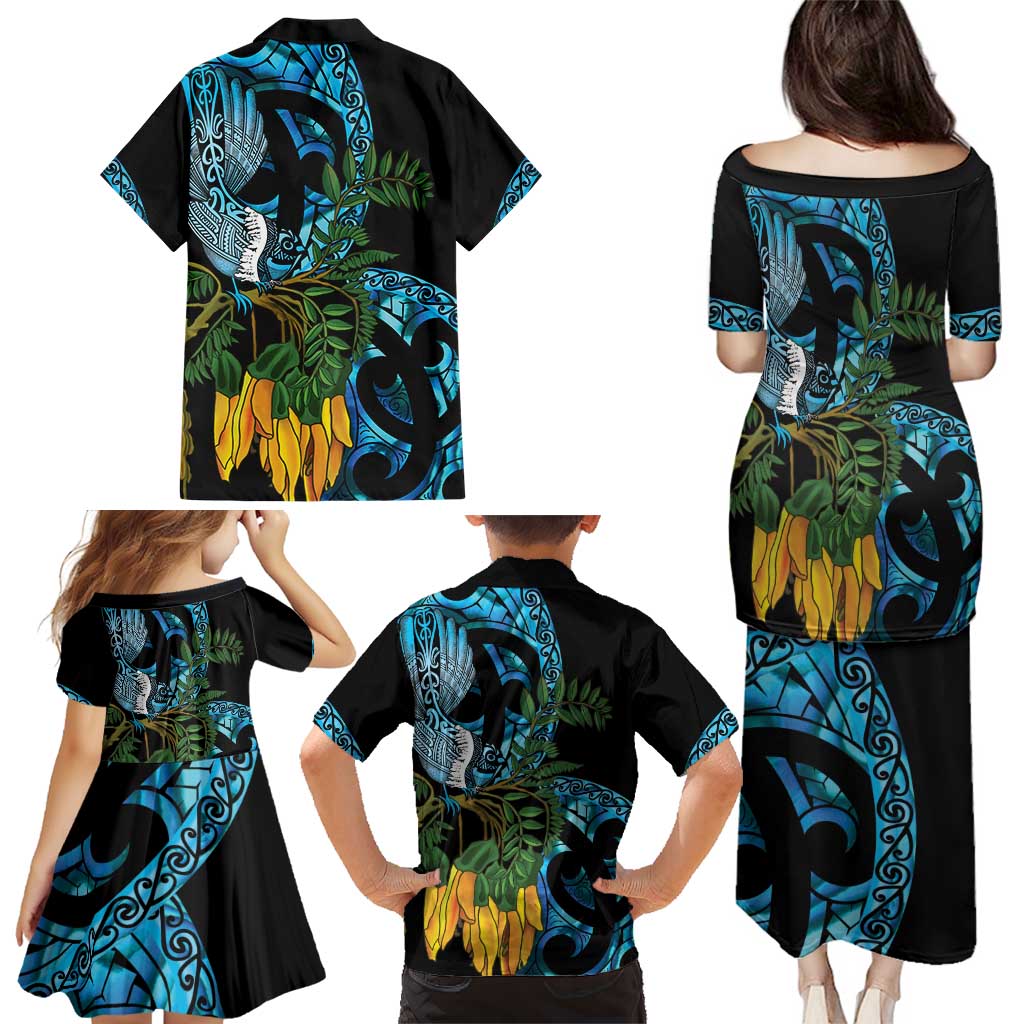 Turquoise New Zealand Kowhai And Piwakawaka Family Matching Puletasi and Hawaiian Shirt Maori Ngaru Paua Shell