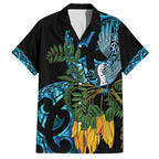 Turquoise New Zealand Kowhai And Piwakawaka Family Matching Puletasi and Hawaiian Shirt Maori Ngaru Paua Shell