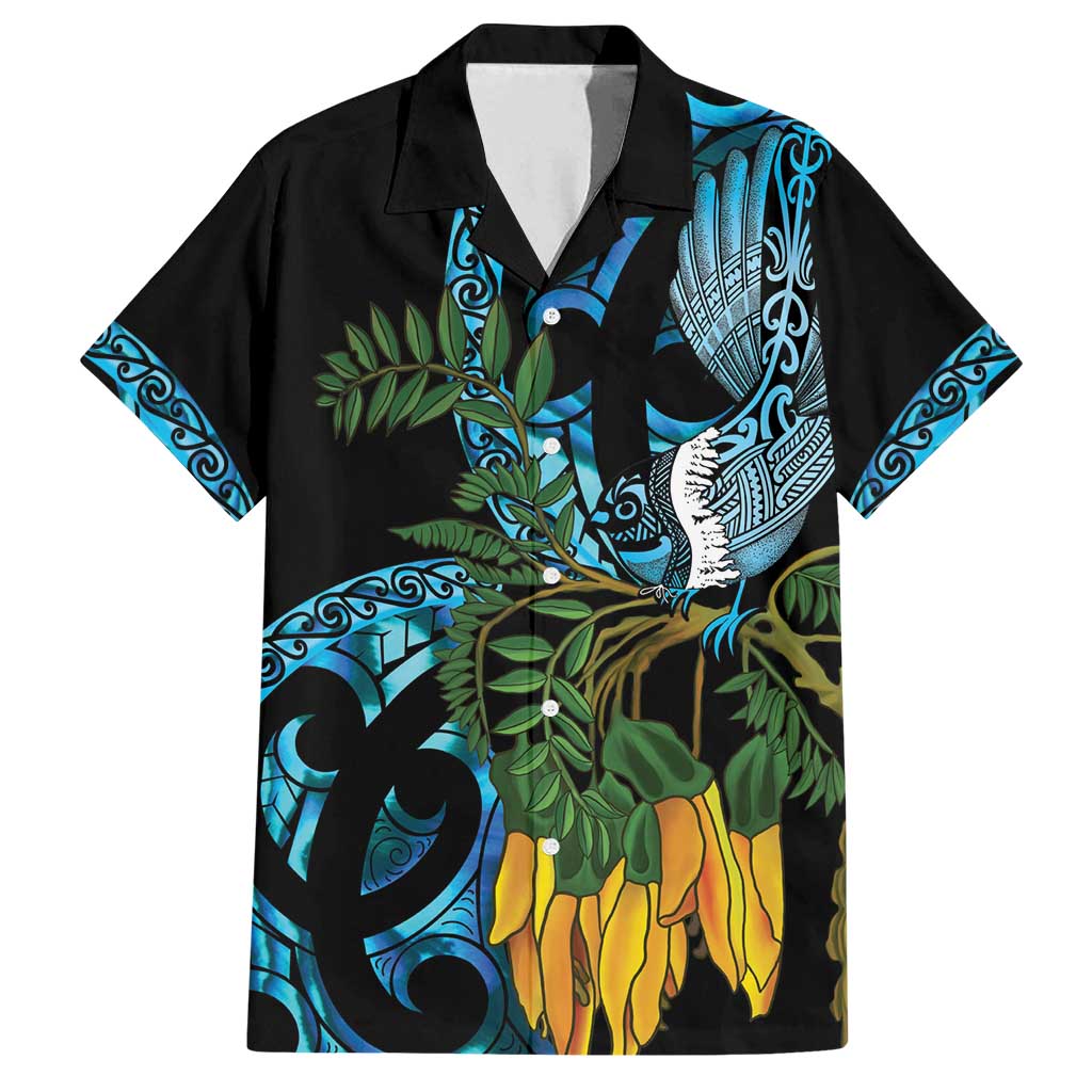 Turquoise New Zealand Kowhai And Piwakawaka Family Matching Puletasi and Hawaiian Shirt Maori Ngaru Paua Shell
