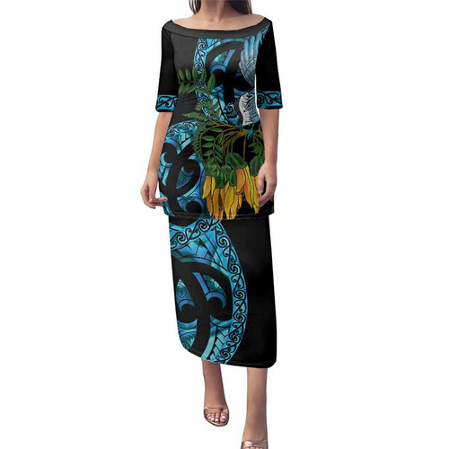 Turquoise New Zealand Kowhai And Piwakawaka Family Matching Puletasi and Hawaiian Shirt Maori Ngaru Paua Shell