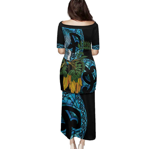 Turquoise New Zealand Kowhai And Piwakawaka Family Matching Puletasi and Hawaiian Shirt Maori Ngaru Paua Shell
