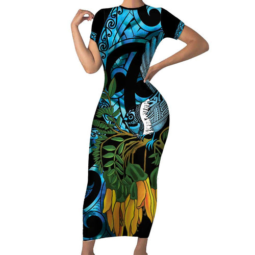 Turquoise New Zealand Kowhai And Piwakawaka Family Matching Short Sleeve Bodycon Dress and Hawaiian Shirt Maori Ngaru Paua Shell