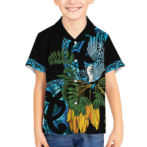 Turquoise New Zealand Kowhai And Piwakawaka Family Matching Short Sleeve Bodycon Dress and Hawaiian Shirt Maori Ngaru Paua Shell