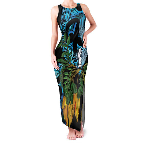 Turquoise New Zealand Kowhai And Piwakawaka Family Matching Tank Maxi Dress and Hawaiian Shirt Maori Ngaru Paua Shell
