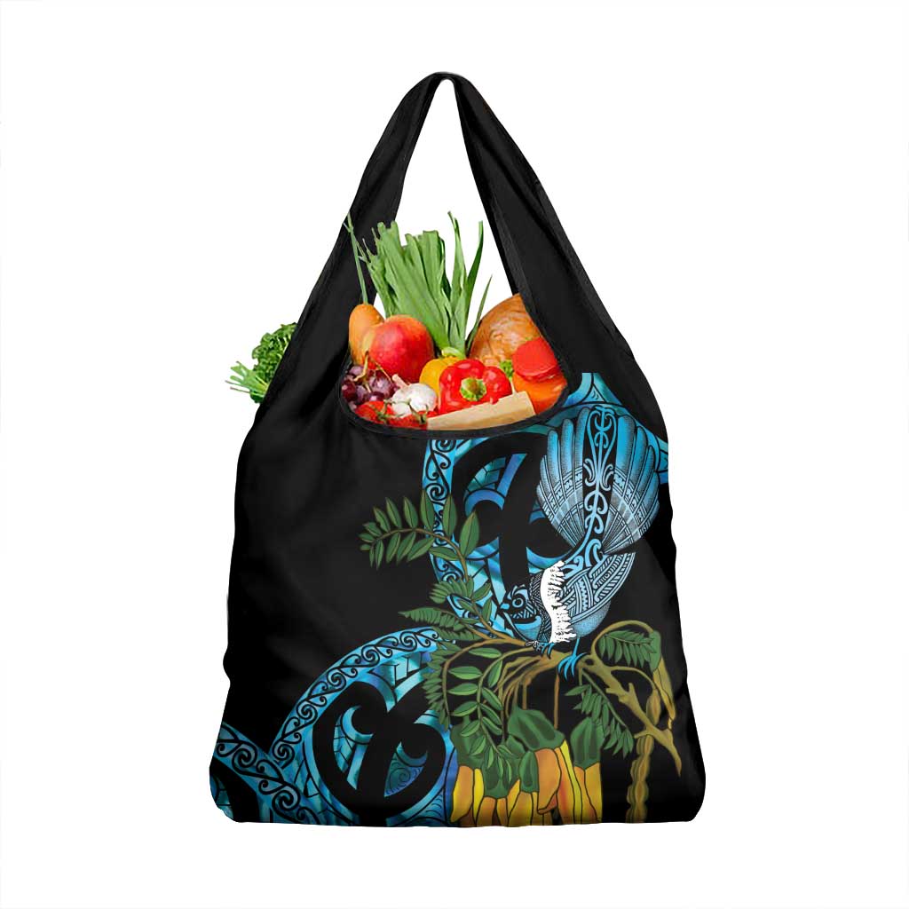 Turquoise New Zealand Kowhai And Piwakawaka Grocery Bag Maori Ngaru Paua Shell
