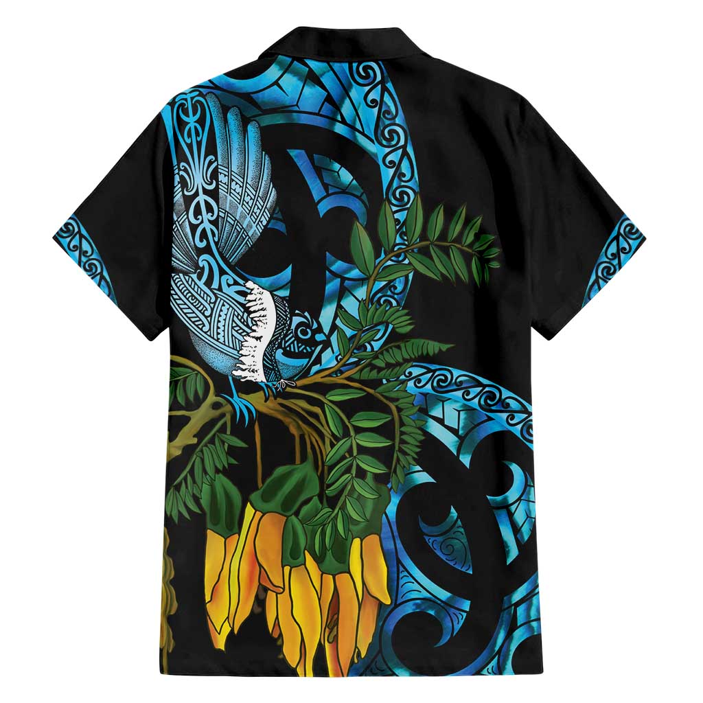 Turquoise New Zealand Kowhai And Piwakawaka Hawaiian Shirt Maori Ngaru Paua Shell