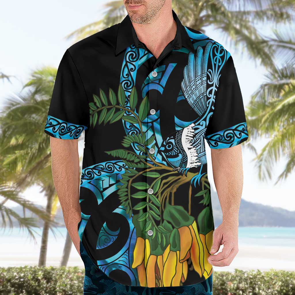 Turquoise New Zealand Kowhai And Piwakawaka Hawaiian Shirt Maori Ngaru Paua Shell