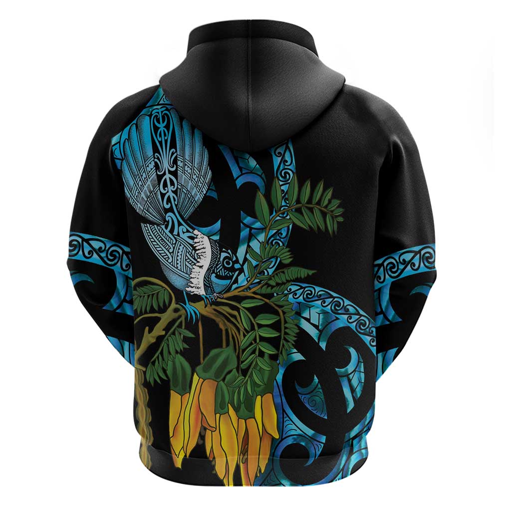 Turquoise New Zealand Kowhai And Piwakawaka Hoodie Maori Ngaru Paua Shell