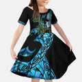 Turquoise New Zealand Kowhai And Piwakawaka Kid Short Sleeve Dress Maori Ngaru Paua Shell