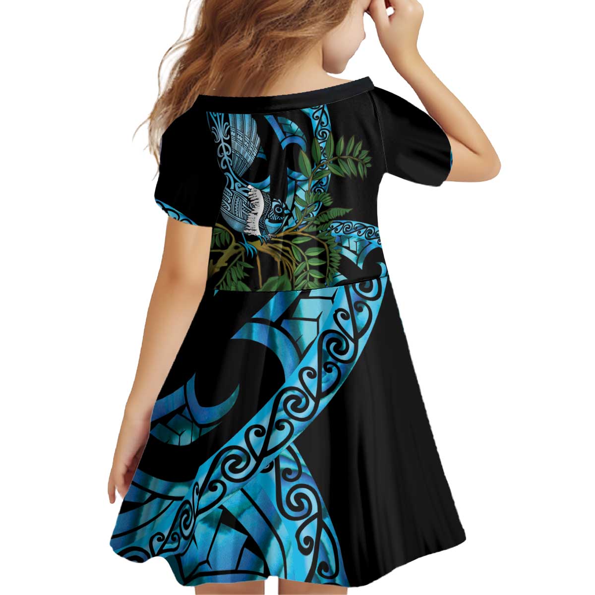 Turquoise New Zealand Kowhai And Piwakawaka Kid Short Sleeve Dress Maori Ngaru Paua Shell