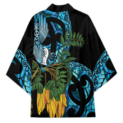 Turquoise New Zealand Kowhai And Piwakawaka Kimono Maori Ngaru Paua Shell - Aussie Hoodie