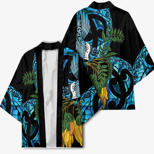 Turquoise New Zealand Kowhai And Piwakawaka Kimono Maori Ngaru Paua Shell - Aussie Hoodie