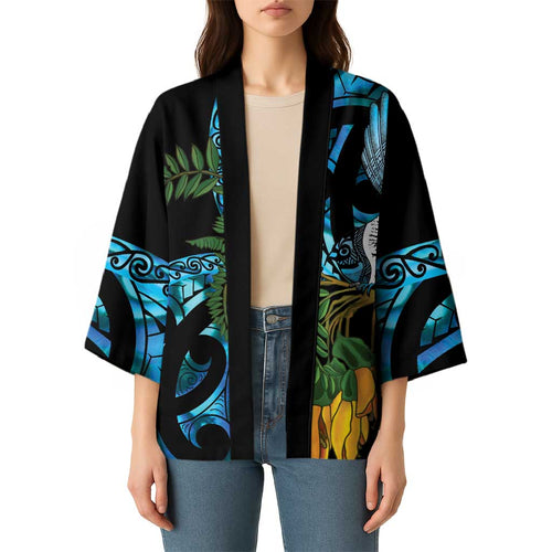 Turquoise New Zealand Kowhai And Piwakawaka Kimono Maori Ngaru Paua Shell - Aussie Hoodie