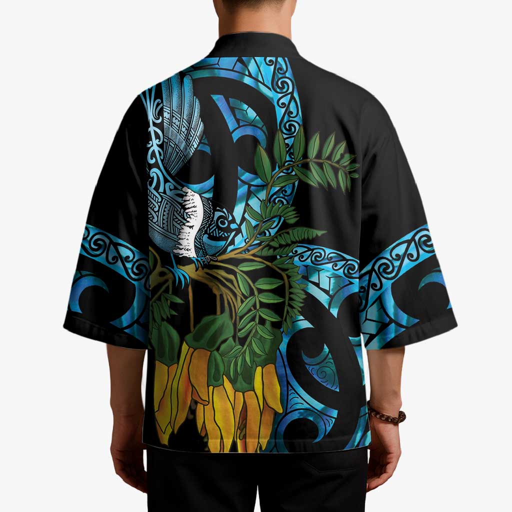 Turquoise New Zealand Kowhai And Piwakawaka Kimono Maori Ngaru Paua Shell - Aussie Hoodie