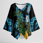 Turquoise New Zealand Kowhai And Piwakawaka Kimono Sleeve Blouse Maori Ngaru Paua Shell - Aussie Hoodie