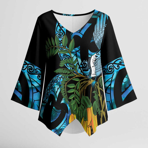 Turquoise New Zealand Kowhai And Piwakawaka Kimono Sleeve Blouse Maori Ngaru Paua Shell - Aussie Hoodie